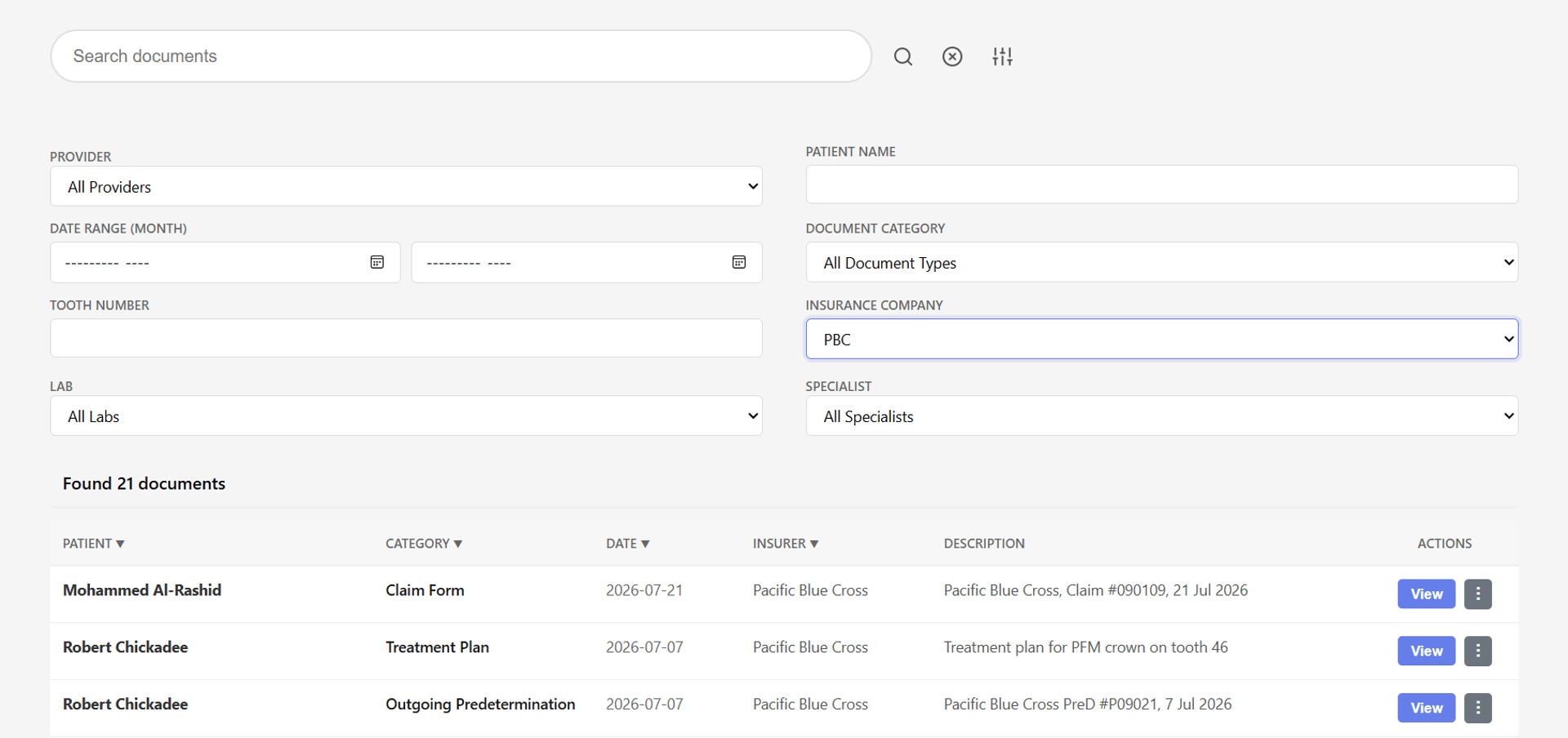 Advanced filters in BrightDocs showing all documents from one insurer