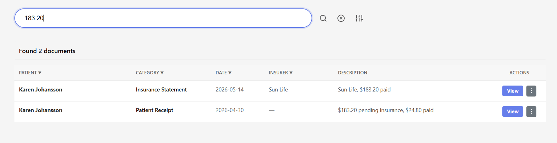 Searching BrightDocs for a dollar amount finds the matching insurance statement and patient receipt