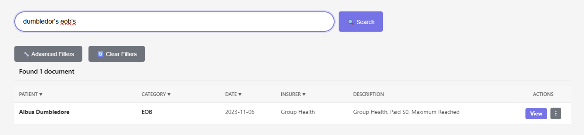 Searching for Dumbledore's EOBs in BrightDocs